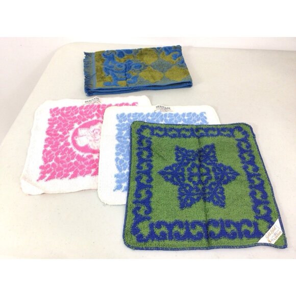 Vintage Mid Century Retro 70s Washcloths X 3 & Hand Towel Lot - Picture 1 of 6